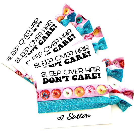 SLEEP OVER Hair Don't Care Girls Birthday Party Favors, donut themed kids birthday party