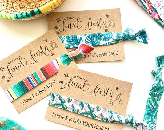 Final Fiesta Bachelorette hair tie favors, fiesta themed favor