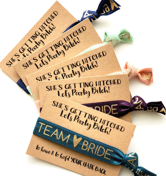 She's Getting Hitched Let's Party Bitch Bachelorette Party Hair Tie Favors