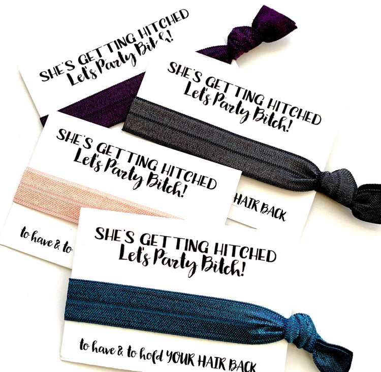 She's Getting Hitched Bachelorette Hair Tie Favors, Let's Party Bridesmaid Gift, To have and to hold, hair tie favors, You Choose Hair Ties