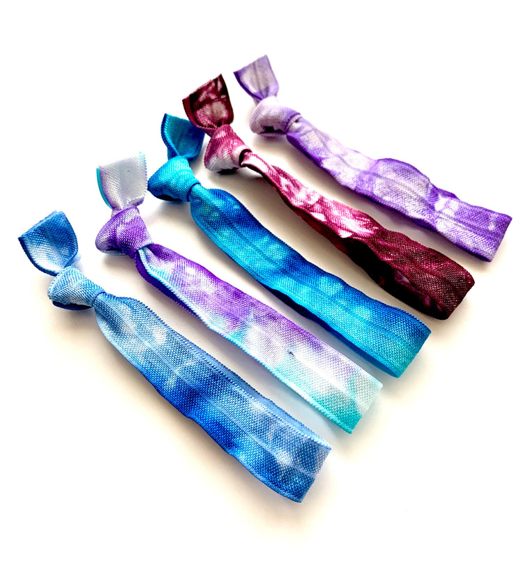 The Kelli tie dye hair tie ponytail holder collection, headbands, tie dye foe, sky, white, aqua, violet, turquoise, burgundy, ties elastics