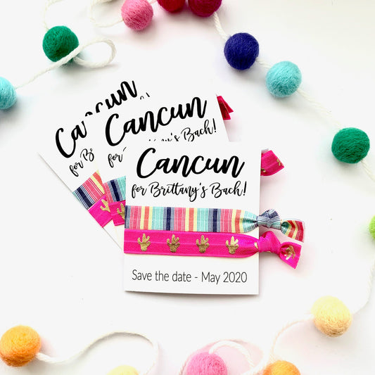 SAVE THE DATE Hair Tie Favors | Bachelorette Mexican Blanket Party Favor Hair Ties, Mexican Bachelorette, Gold Cactus Boho Hair Ties, Fiesta
