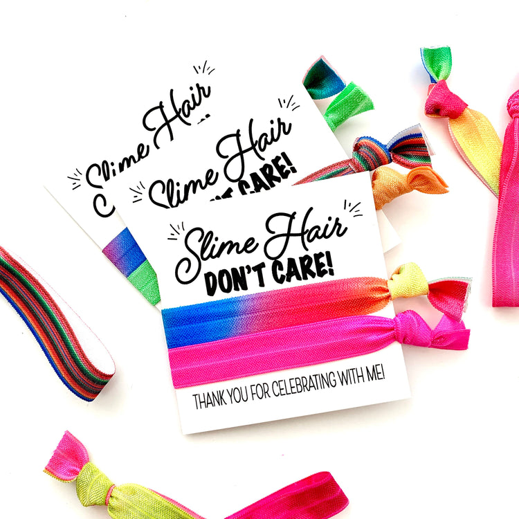 Slime Hair, Don't Care Girls Birthday Party Favors, tie dye hair ties, slime birthday party favors, teen slime party, kids slime party gifts