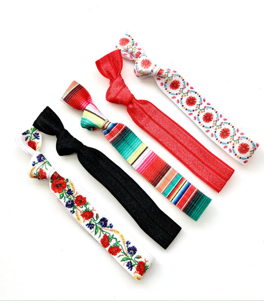 Floral Fiesta Elastic Hair Tie Set, Ponytail Holders, Creaseless hair ties, floral fiesta serape black red, stretchy fabric hair bands