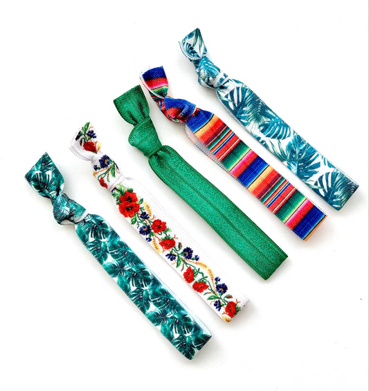Fiesta Palm Elastic Hair Tie Set, Ponytail Holders, Creaseless hair ties, floral fiesta palm serape stretchy fabric hair bands