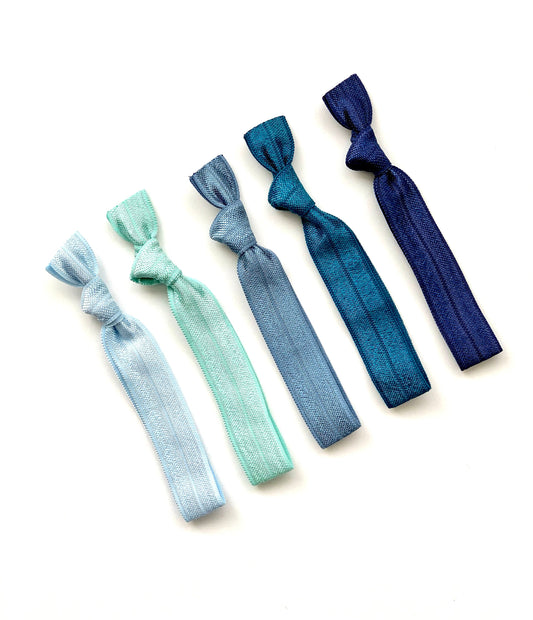 Dark Blue Wash Ombre Elastic Hair Tie Set Navy, military blue, capri, aqua, lt. blue hair bands, bridesmaid birthday gift