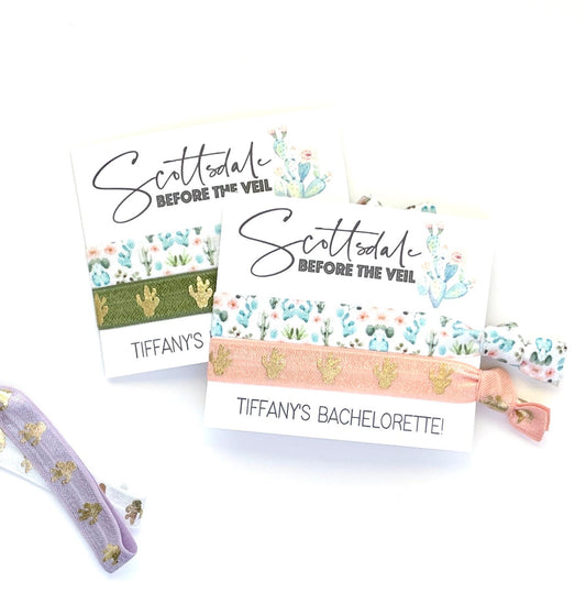 SCOTTSDALE Before the veil, personalized bachelorette birthday favors, fiesta desert party favors, cactus succulents, hair tie favor gifts