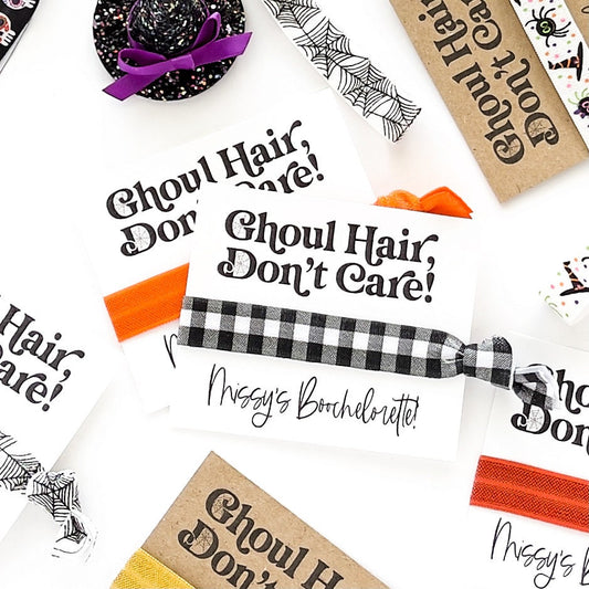 Ghoul Hair Don't Care Halloween Hair Tie Favors, Boochelorette, Trick or Treat Halloween party Halloween Bachelorette Hey Boo Scary gifts