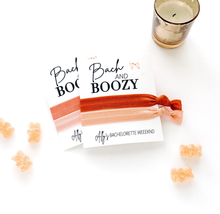 Bach and Boozy Bachelorette Personalized Bach Weekend favors back and boozy cards, hair tie favors, girls getaway weekend