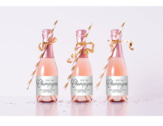 Mini Champagne wine bottle labels Pop the Champagne I'm changing my last name bridesmaid proposal, Bridal Shower Bachelorette