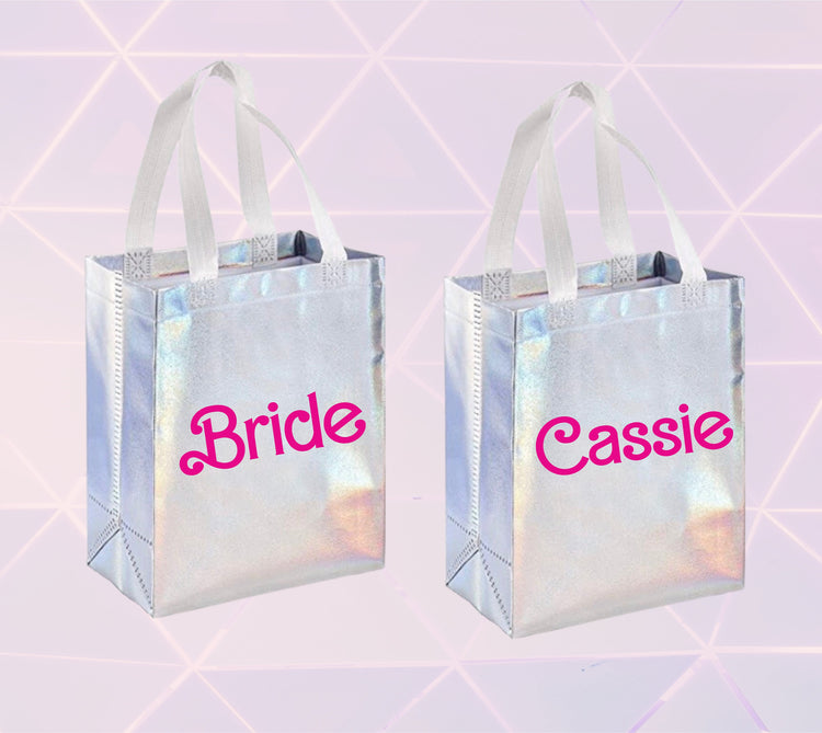 Iridescent Gift Bag Bachelorette Party Tote Bag holographic Bridesmaid Gift Bag Treat bag birthday gift bag bride Barbie tote