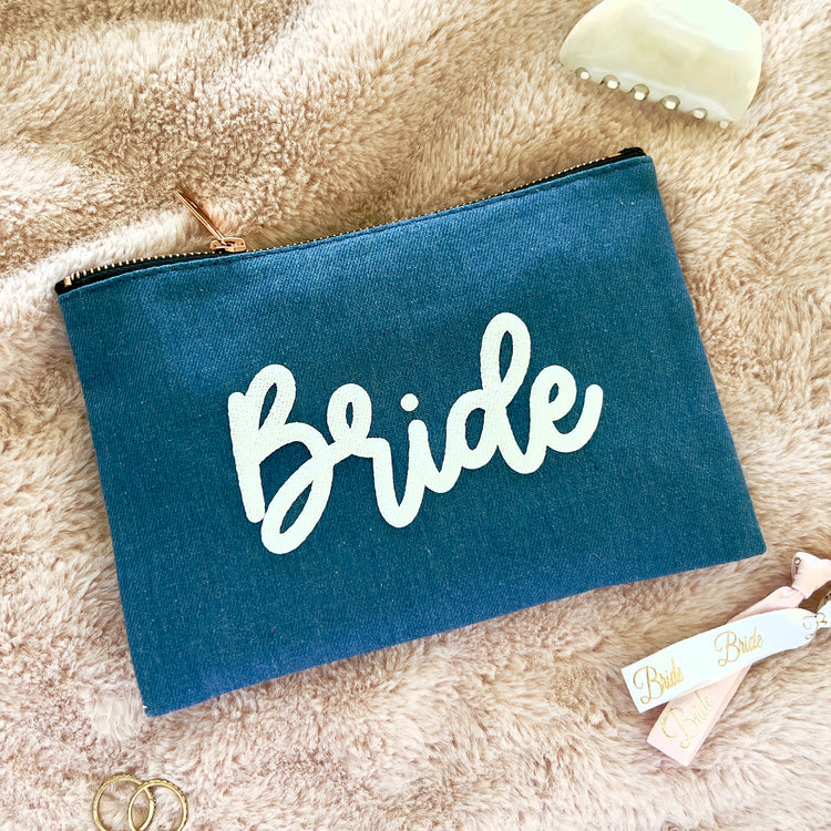 Bride make up pouch cosmetic bag Bridal Shower gift for the Bride puff text embossed design denim bride bag honeymoon bag engagement gift